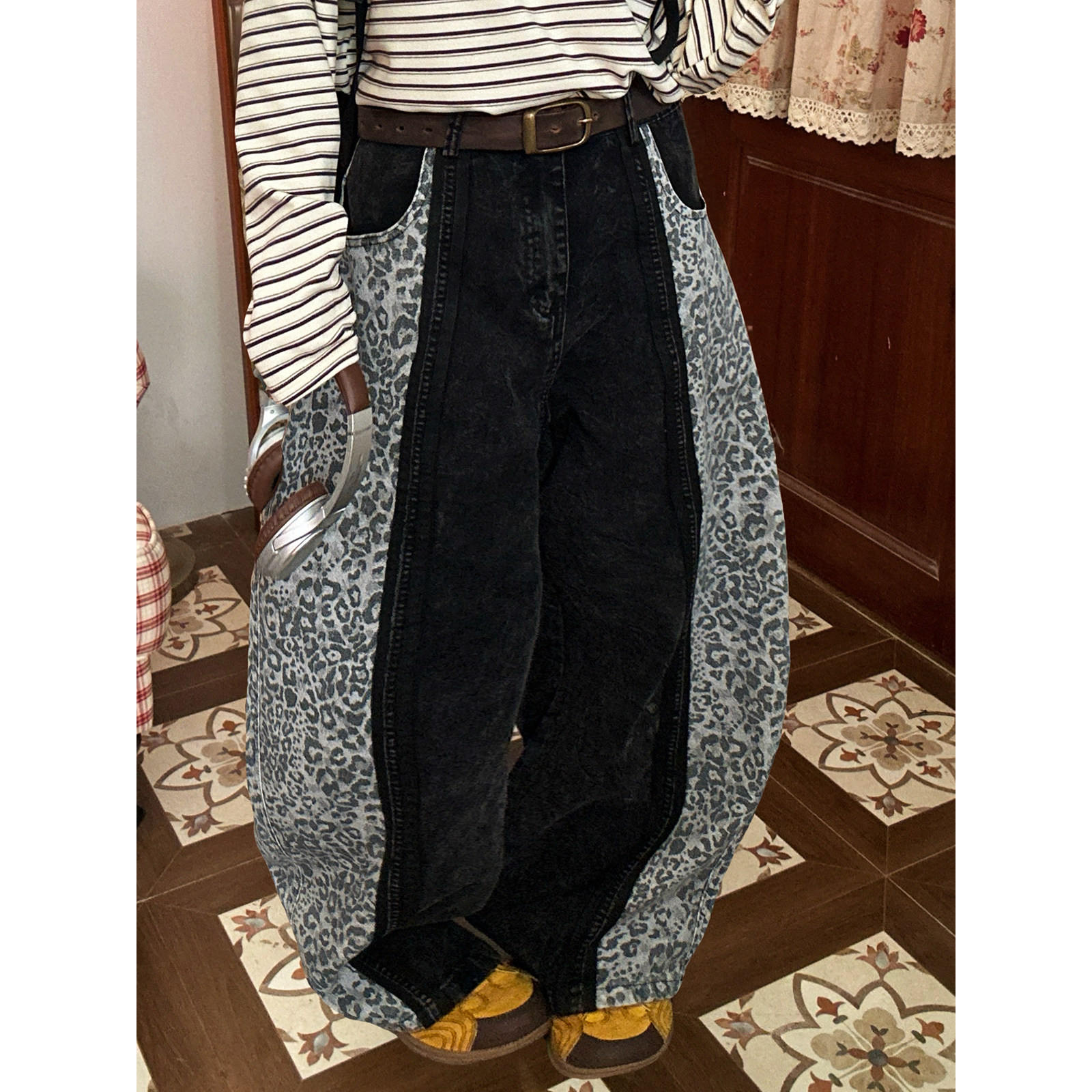 【新品买二送一】复古豹纹拼接阔腿裤女老钱风立体剪裁弯刀裤长裤,淘宝优惠券,粉丝福利购,淘宝优惠卷