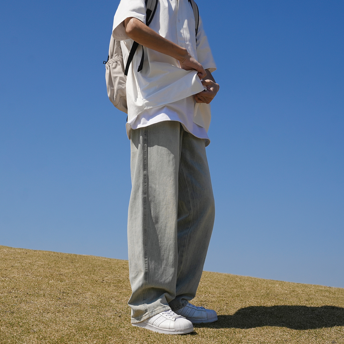 @港仔文艺男 复古水洗浅色牛仔裤男夏季薄款宽松阔腿休闲冰丝裤子 - 图2