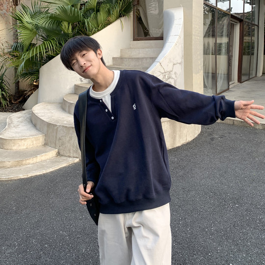 Fake two-piece henley collar sweatshirt men's heavyweight pullover