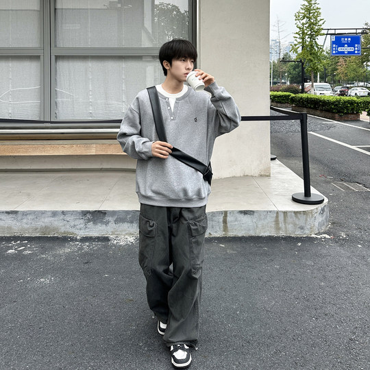 Fake two-piece henley collar sweatshirt men's heavyweight pullover