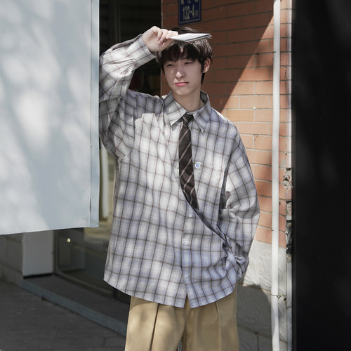 GOOZI MADE 少年感蓝白格子衬衫男秋季宽松翻领刺绣长袖衬衣外套 - 图0