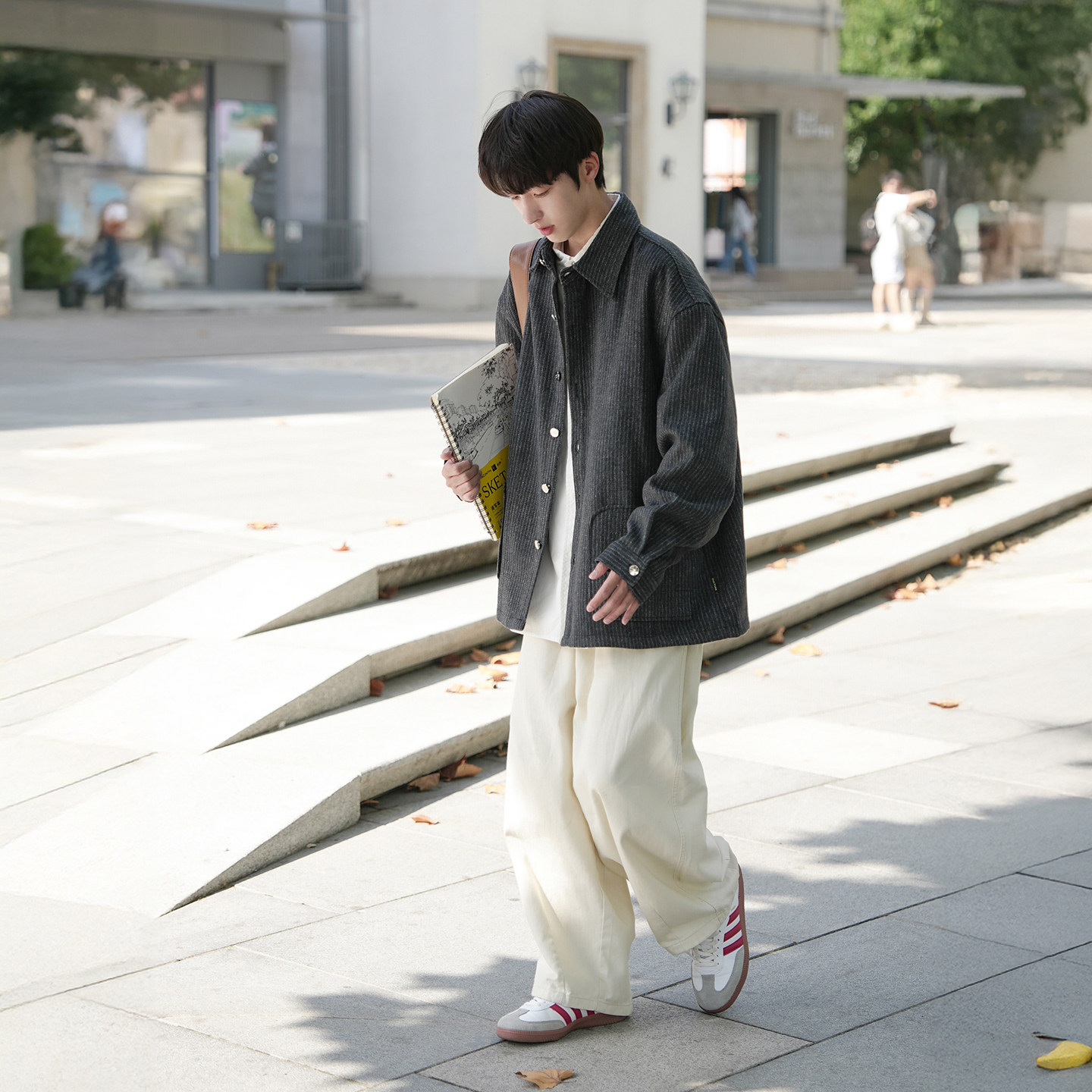 @港仔文艺男 竖条纹毛呢衬衫男秋冬日系复古男生休闲长袖衬衣外套,淘宝优惠券,粉丝福利购,淘宝优惠卷