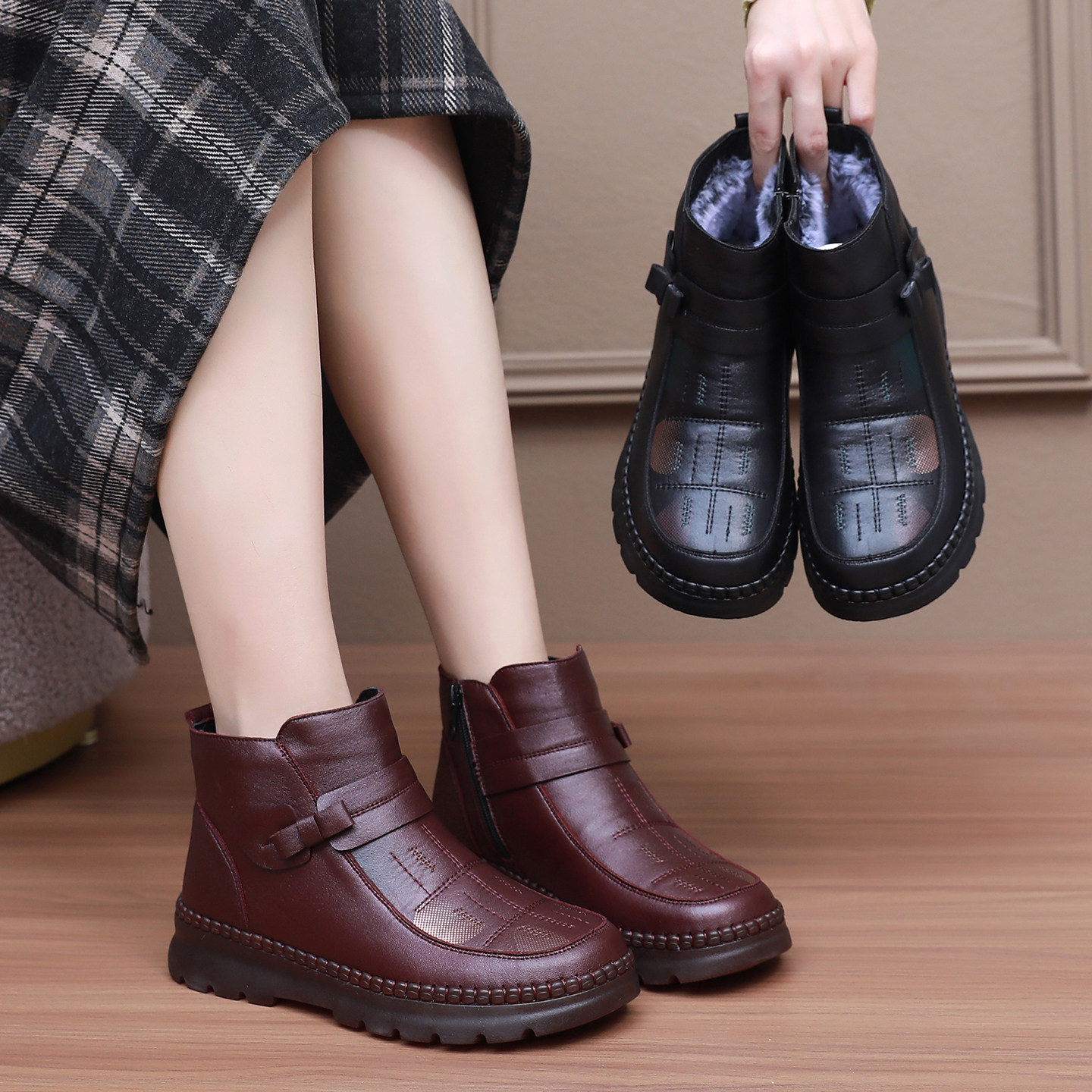 冬季老北京布鞋女棉鞋加绒保暖妈妈鞋防滑侧拉链短靴老人鞋奶奶鞋,淘宝优惠券,粉丝福利购,淘宝优惠卷