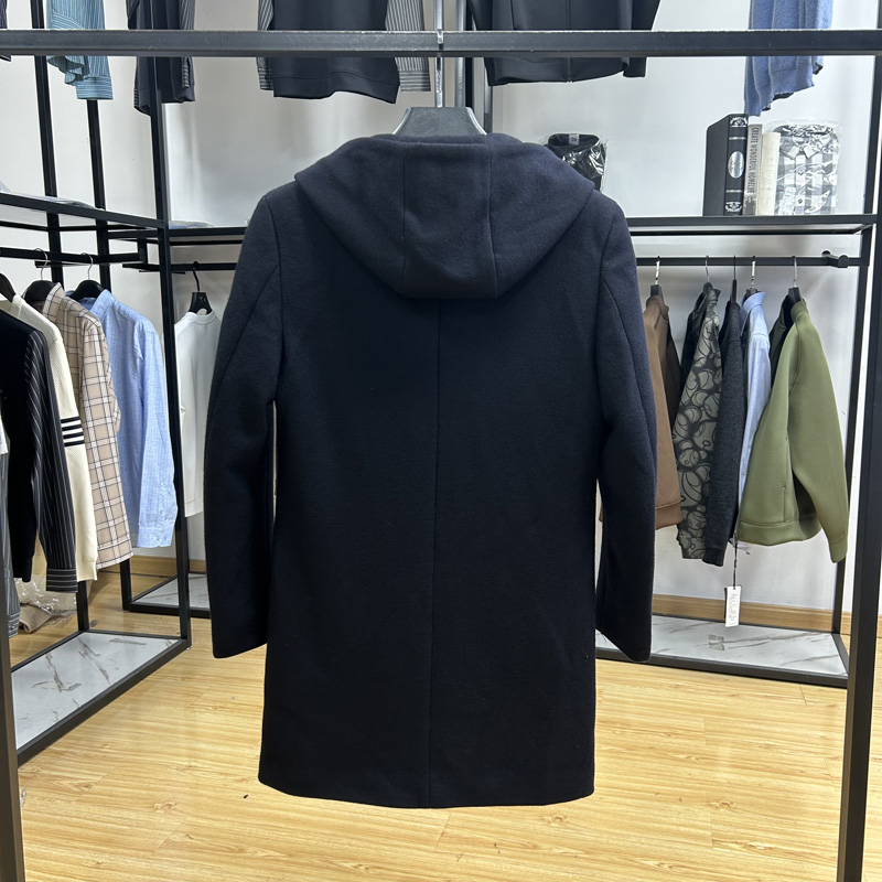 含羊毛料商务休闲连帽中长款毛呢大衣秋冬纯色保暖呢外套 - 图1