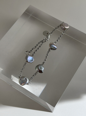 巴洛克珍珠原创灰蓝花瓣手链