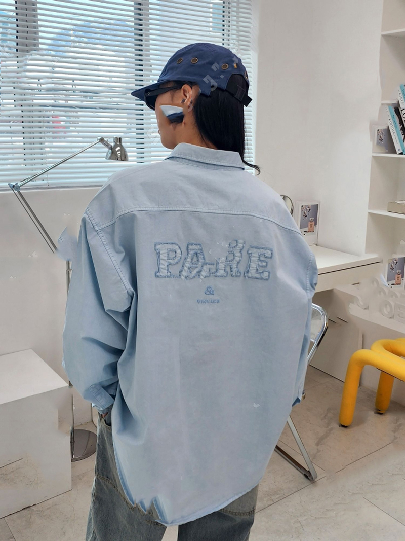 韩国东大门代购男装长袖衬衫牛仔水洗后背贴布字母刺绣休闲衬衣