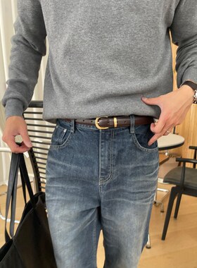 小北韩国代购男装东大门腰带意大利头层牛皮复古金扣细腰带休闲