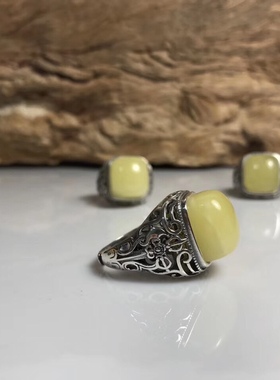 手工蜜蜡戒指 925银托