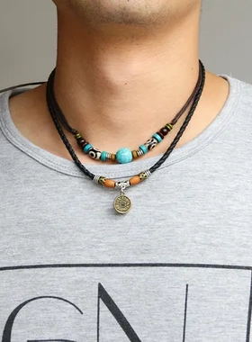 项链钱币男式复古饰品个性简约欧美直销绿松石吊坠