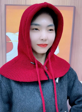 新款时尚帽子女款冬季保暖雷锋帽围脖一体护耳毛线帽针织帽