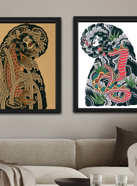 纹身店装饰画浮世绘人物半胛手稿挂画复古海报框画日式老传统壁画