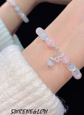 天然粉水晶猫眼石S925纯银手链女生轻奢小众精致水晶手串新款礼物