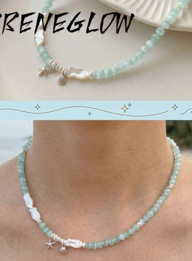 蓝色猫眼石小鱼纯银海星天然珍珠串珠项链饰品女礼品小众高级时髦