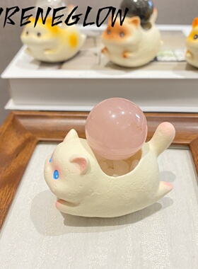 天然30mm水晶球摆件猫猫豆丁水晶桌面招财摆件黄水晶白粉水晶球
