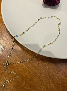 新款彩色水晶串珠项链女锁骨链夏小众设计感简约choker颈链