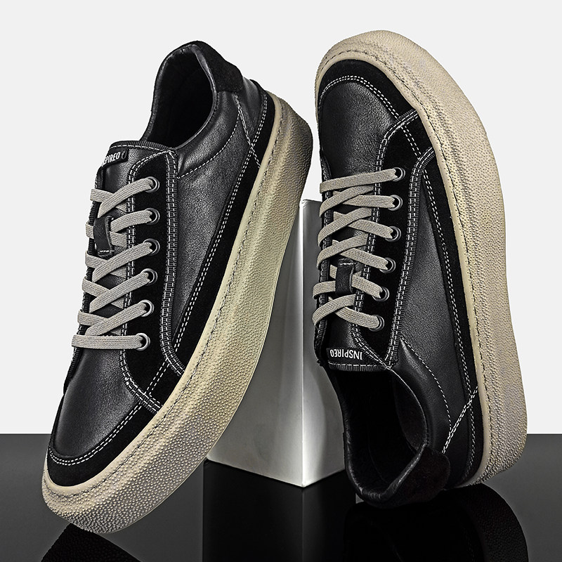 黑色板鞋男设计感小众潮流男鞋真皮软面头层牛皮休闲鞋子流行男鞋,淘宝优惠券,粉丝福利购,淘宝优惠卷