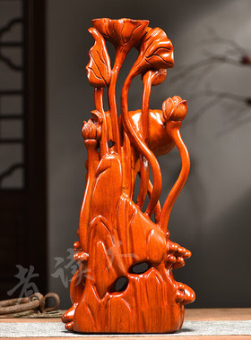 花梨木雕刻年年有余摆件荷花中式家居实木装饰工艺品鱼戏莲叶黑檀