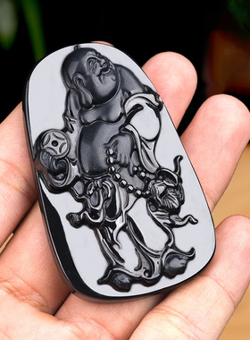 天然正品墨翠佛公吊坠玉石挂件