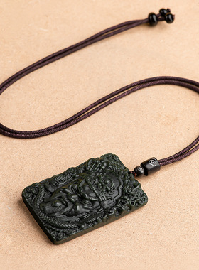 天然和田老料墨玉关公玉石吊坠