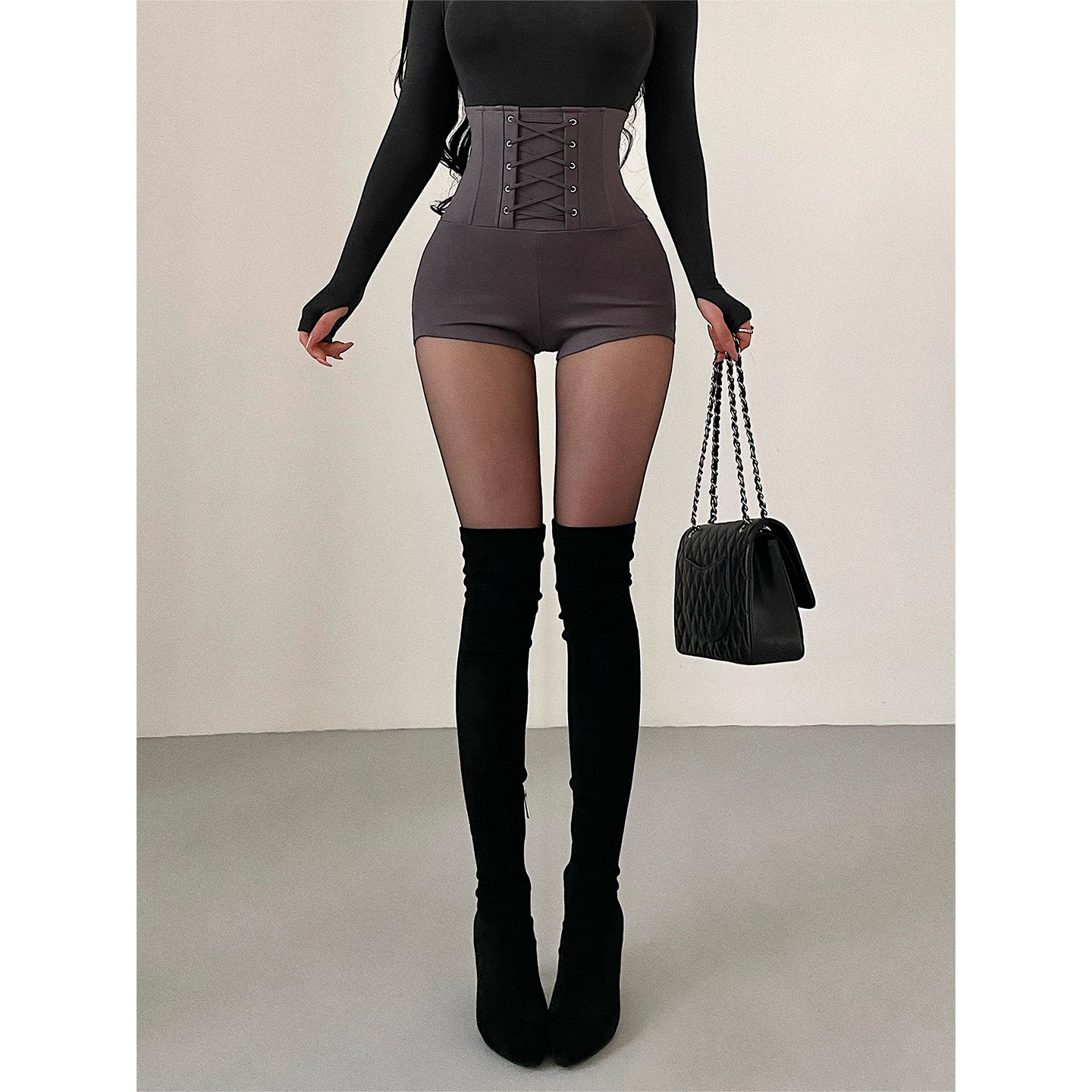 YoungGirlDay韩漫性感高腰鱼骨线交叉绑带收腹束腰显瘦丰胯裤短裤,淘宝优惠券,粉丝福利购,淘宝优惠卷