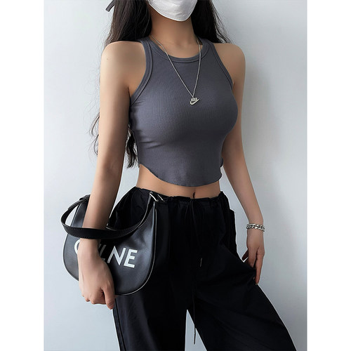 YoungGirlDay辣妹性感紧身显瘦弧形下摆短款露脐无袖纯色打底背心 - 图1