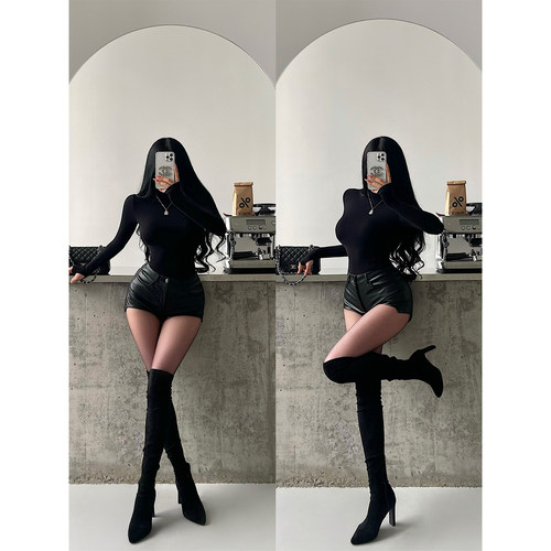 YoungGirlDay辣妹性感高腰显瘦提臀丰胯裤弧形显腿长PU皮短裤热裤 - 图0