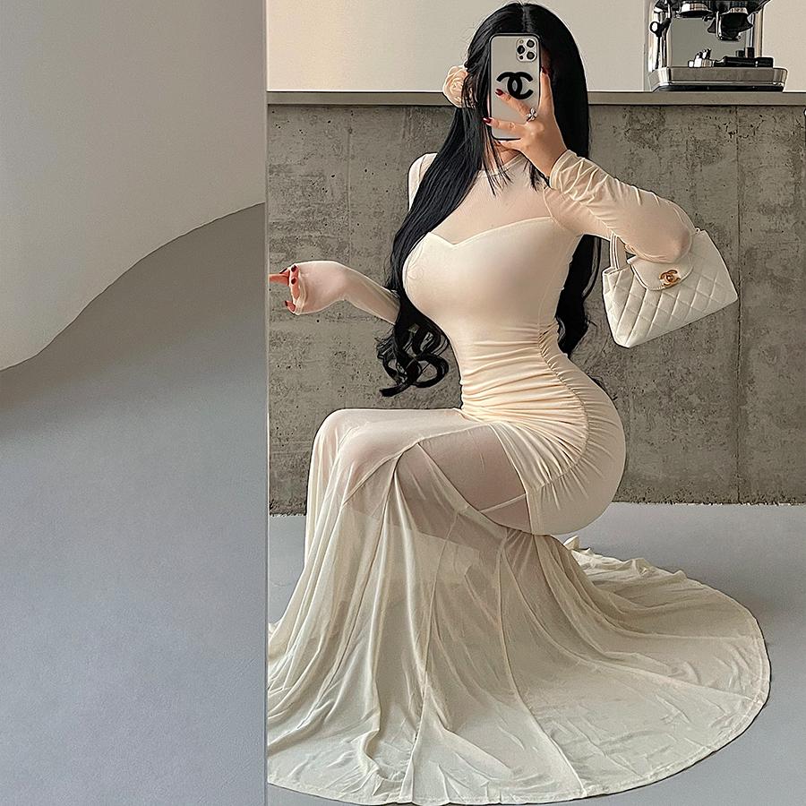 YoungGirlDay步步生莲纯欲风网纱拼接褶皱收腰包臀鱼尾连衣裙长裙 - 图2