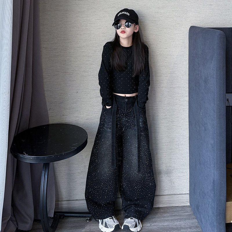 美式复古满天星烫钻牛仔裤打底衫两件套酷飒女童春秋冬时髦套装潮,淘宝优惠券,粉丝福利购,淘宝优惠卷