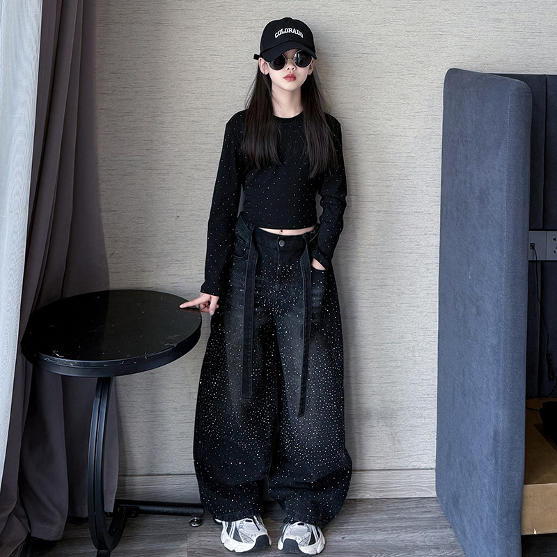 美式复古满天星烫钻牛仔裤打底衫两件套酷飒女童春秋冬时髦套装潮,淘宝优惠券,粉丝福利购,淘宝优惠卷