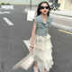 Denim vest suspender cake skirt ຊຸດສອງສິ້ນ