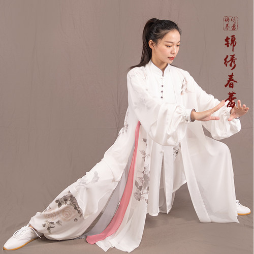 马蕾太极服新款彩绘墨牡丹三件套太极服武术表演服练功服男女夏秋 - 图0