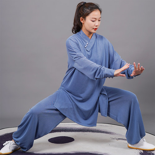 马蕾太极春秋薄款男女休闲太极服蓝时尚练功晨练服定制长袖中国风 - 图0