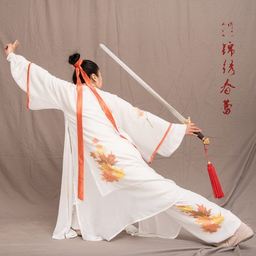 马蕾太极春夏男太极服丝麻太极服新款表演服女练功服彩绘枫叶如蝶 - 图2