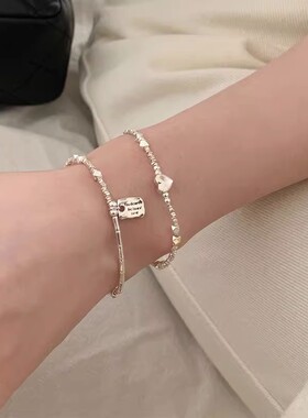 不规则爱心方牌手链女竹节银手链韩系小众设计百搭高级感闺蜜礼物