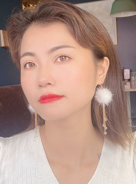 秋冬长款流苏耳环毛球耳坠中国风