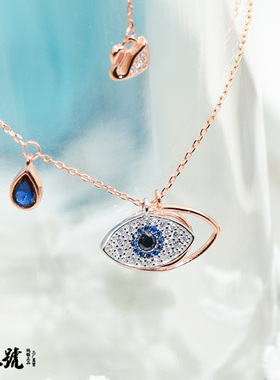 纯银蓝色眼睛水晶短项链送女友