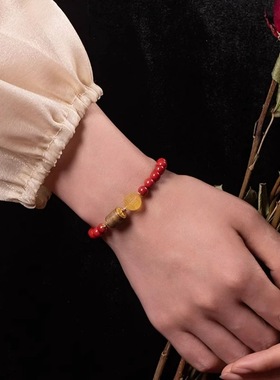 天然原矿朱砂手串蜜蜡回纹珠沉香木配饰手链女士本命年中国风