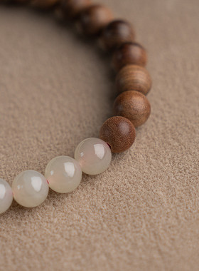 印度正区老山檀香虎皮纹手链6mm藕粉和田玉单圈手串