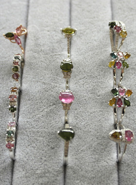 天然碧玺水晶多彩宝石排钻戒指