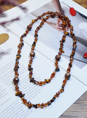 一链多用！天然玛瑙超长款项链美拉德咖色高级感串珠毛衣链可双层