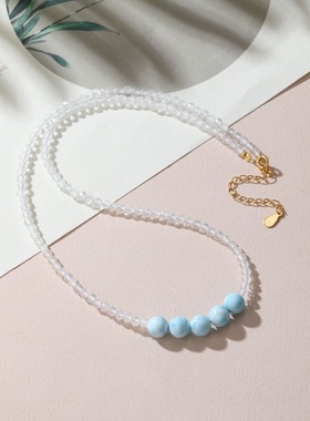 【带鉴定证书】原创设计天然海纹石项链女款单圈海蓝色锁骨链正品