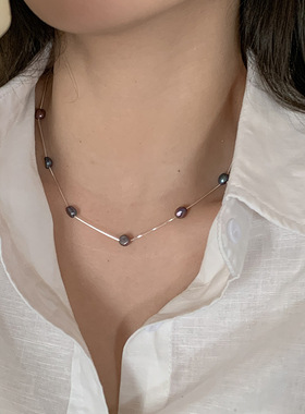 925纯银天然巴洛克异形珍珠项链女简约抽拉式可调节短款颈链0845Y