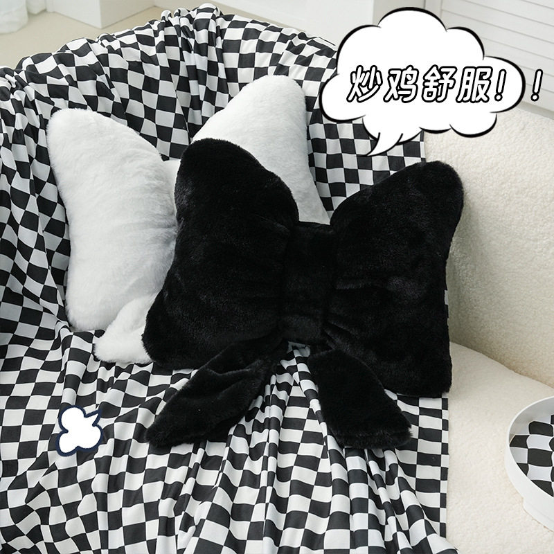 黑色蝴蝶结飘带沙发抱枕 仿兔毛舒适座椅靠枕ins风简约百搭靠背垫,淘宝优惠券,粉丝福利购,淘宝优惠卷