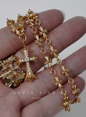 925纯银镀金项链十字架情侣情侣