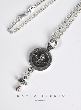 david纯银925纯银十字架骷髅元素做旧个性百搭情侣项链 ins推荐
