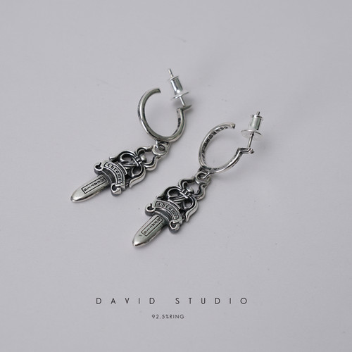 David studio925纯银泰银 宝剑圣剑款男女同款耳环耳钉坠子 潮流 - 图0