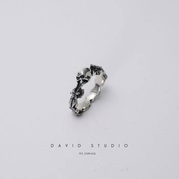 David studio 925 sterling silver skull vine flower ring handmade for men and women, trendy index finger ring ລົດຈັກ