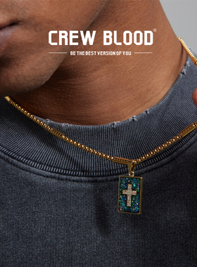 欧美十字方牌绿色项链金色