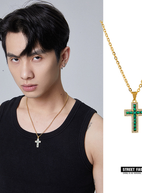 CREW美式绿色锆石镶嵌十字架项链街头嘻哈百搭配饰情侣礼物