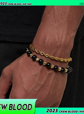 CREW欧美黑色叠戴拼接手链麻花手链钛钢男小众复古嘻哈高级感